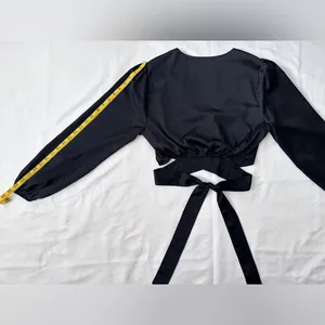 Abercrombie & Fitch Cropped Satin Long Sleeve Wrap Top - Black - M thumbnail 10