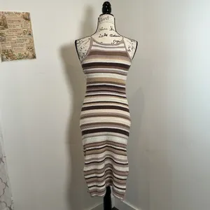 House of Harlow 1960 Striped Knit Bodycon Midi Dress Brown Tan Medium Boho Slit thumbnail 3