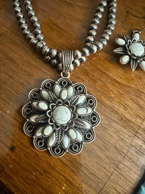 Brown & White Stone Floral BoHo Statement Necklace, Bracelet, Ring & Earring Set thumbnail 7