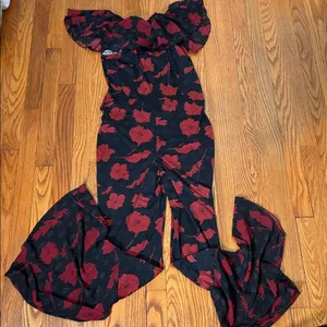 Free People Austyn One Piece Jumpsuit Red Floral Size‎ S boho flare ruffle thumbnail 4