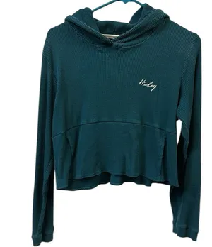 Hurley Ribbed Turquoise Long Sleeve Hooded Cropped Shirt Kangaroo Pocket Medium thumbnail 3