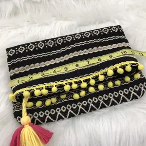 Just Fab Fold Over Bag Yellow Pom Pom Tassel‎ Trim Colorful Clutch Purse thumbnail 11