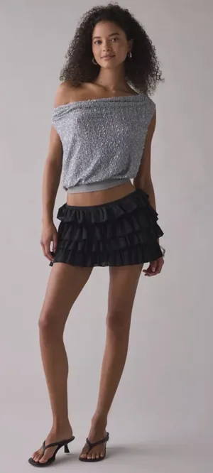 Urban Outfitters NWT Alix Asymmetric Off-The-Shoulder Ruched Sequin Crop Top thumbnail 1
