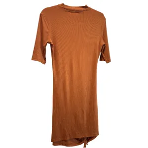 Heart & Hips Rust Orange Brown Ribbed Bodycon Shirt Dress Ruched Short Sleeve L thumbnail 3