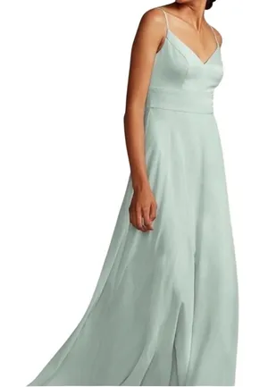 David's Bridal Women's Dusty Sage Long Spaghetti V Neck Formal Dress 4 thumbnail 1