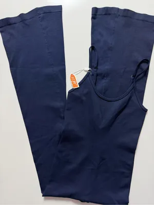 NWT Amazon Ribbed Flared Leg Jumpsuit, Navy Blue, Size S thumbnail 4