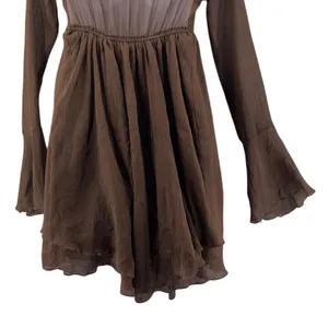 Urban Outfitters Mini Drress S Brown Tie Front Long Bell Sleeve‎ Boho Y2K Fairy thumbnail 5