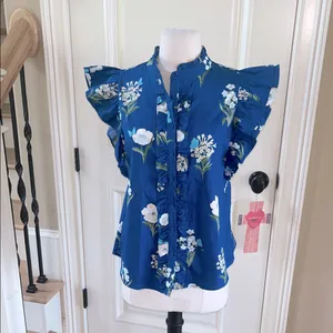 Sugarlips Avara Anita Top Blue Cotton Floral Blouse Flutter Sleeve New thumbnail 3