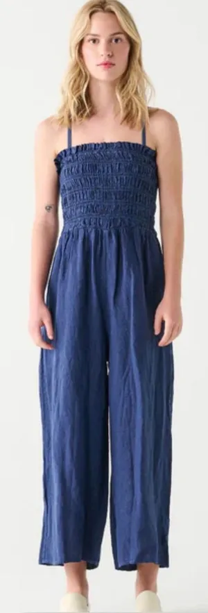 Dex Smocked Jumpsuit Size Medium Navy Linen Blend Adjustable Straps NEW Blue thumbnail 1