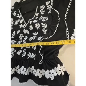 SHEIN Floral Embroidered Peplum Blouse Black V-Neck Ric Rac Top Women Size M thumbnail 8