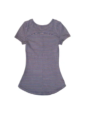 Free People Ribbed Striped V-Neck Tee Blue Tan Stretch Fitted Top Women’s S thumbnail 4