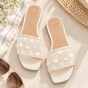 A New Day Elain Ivory Mesh Sequin Slide Sandals Square Toe Memory Foam 7 thumbnail 2