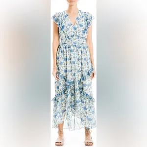 NWT max studio Georgette green garden Floral Ruffle midi maxi dress size S thumbnail 6