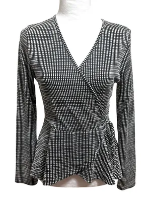 Caution To The Wind Wrap Top Black White Grid Peplum Casual Work Stretch Large thumbnail 1