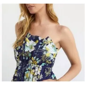 Anthropologie‎ Floral Ruffled Strapless Blue A Line Dress NWT Size Large thumbnail 4