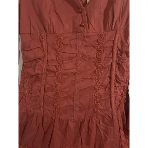 Runway 101 Terracotta Rust Cotton Smocked Tiered Midi Dress Boho Lace Trim M thumbnail 6
