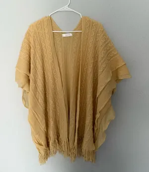 Butter Yellow Knit Poncho with Fringe Hemline thumbnail 1