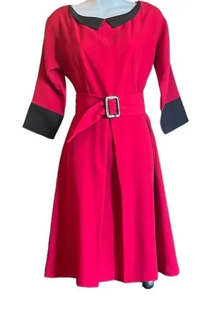 Red Black Womens Small Custom Made Fit N‎ Flare Retro Pleat Front Dress OOAK thumbnail 1