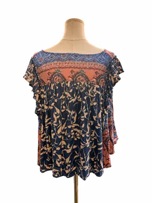 Easel Size Large Boho Mixed Print Flowy Blouse Top Blue Pink Floral thumbnail 3
