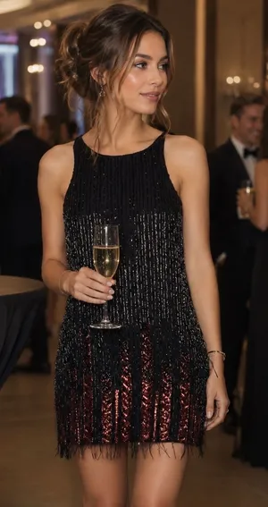 Parker Red/Black Monaco Beaded Feather Hem Flapper Mini Dress Size S thumbnail 1