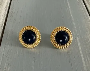 Napier Vintage Clip On Screw Back Earrings Gold Tone Rope Frame Blue Cabochons thumbnail 2
