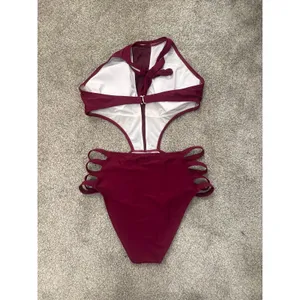 Tempt Me Women's One-Piece Sexy Mesh Neck Halter Monokini Swimsuit in Maroon, M thumbnail 5
