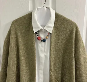 Neutral Knit Shawl/ Cape in Herringbone Pattern with Sage and Tan thumbnail 1