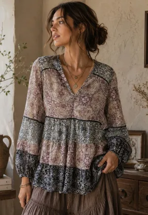 Knox Rose Patchwork‎ Paisley Boho Peplum Blouse XS Cottagecore Top thumbnail 1