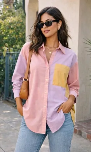 Abercrombie & Fitch Oversized Poplin Pastel Colorblock Button Up Shirt Small thumbnail 1