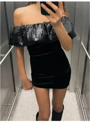 Zara Off-Shoulder Black Mini Dress with Sequin Trim thumbnail 3