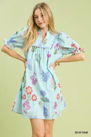 Umgee Multi Flower Print V-Neck Dress - Seafoam - Small thumbnail 1