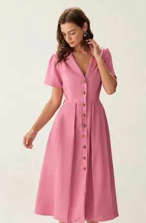 Rihoas Rose Red V-Neck Button Midi Dress thumbnail 1