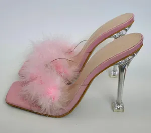 Pink Fluffy Feather PVC Stilletto Mule Heels Size 39 thumbnail 5