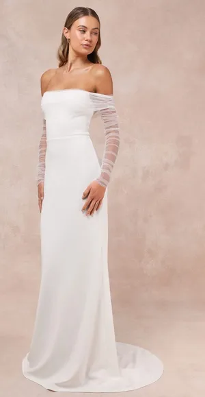 Lulus Beautifully Beloved White Mesh Off Shoulder Maxi Dress Wedding Elegant M thumbnail 1