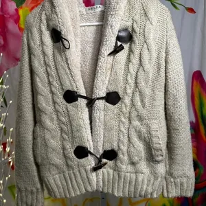 S196. Colza cream cable knit cardigan with toggle buttons. Size M thumbnail 1