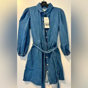 ZARA *NWT* Blue Denim Button-Up Dress thumbnail 4