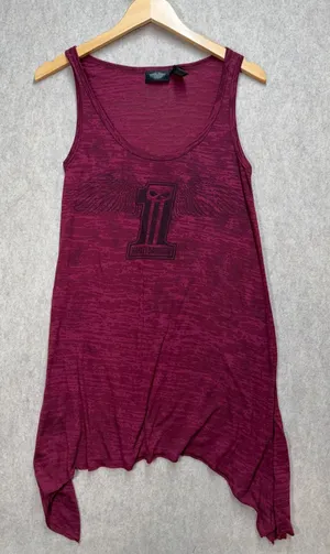 Harley Davidson Womens Burgundy Burnout Willie G Skull Tank Handkerchief Hem‎ M thumbnail 1