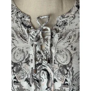 Tribal‎ Shirt Women Large Ivory Gray Floral Fleur Lace Up Neck Ruffle Hem Top thumbnail 6