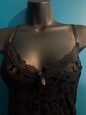 Black Leopard-Print Satin Chemise with Lace Accents thumbnail 3
