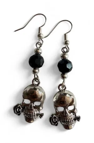 Handmade Silver Skull Rose Gothic Dangle Earrings thumbnail 1