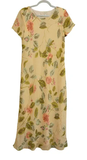 Vintage Floral Crinkle Chiffon Maxi Dress Yellow Peach Short Sleeve‎ 90s Teacher thumbnail 1