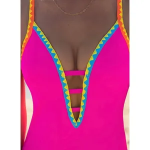 NWT Popvil Women One Piece Swimsuit Tummy Control Deep V Neck Neon Rose Red XL thumbnail 4