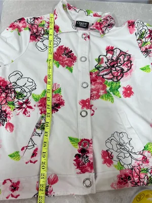 Floral sequin Button-Up Jacket White Pink & Green Flowers pockets L Stained thumbnail 5