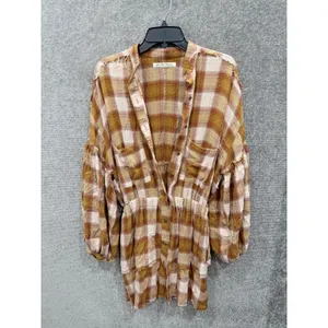 Free People Women Dress XS Brown Plaid Balloon Sleeve Mini Shirt Dress thumbnail 7