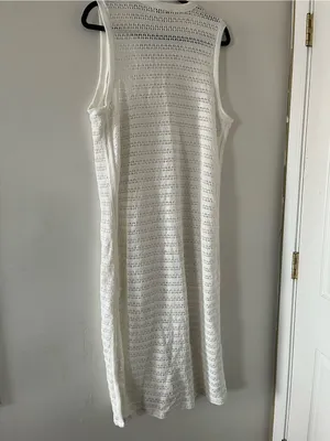 White Open Knit Crochet Button Front Sleeveless Midi Dress Large Coastal Resort thumbnail 7