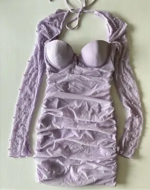 Oh Polly Embellished long sleeve in lilac dress thumbnail 1