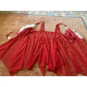 Zaful Christmas Pompoms Feather Trim Sheer Mesh Lace Panel Lingerie Babydoll thumbnail 3