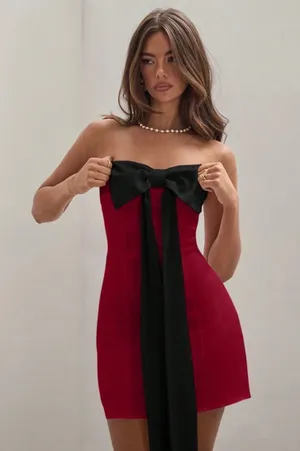 XS Red Strapless Satin A-Line Short Mini Dress Regular Fit Black Bow Accent thumbnail 1