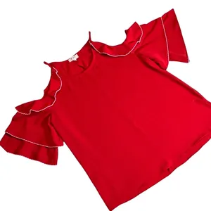 Umgee Red Cold Shoulder Tiered Ruffle Sleeve Picot Trim Boho Tunic Top Large thumbnail 5