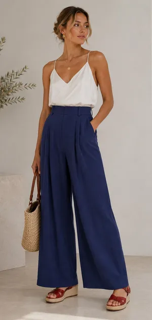 Halara Navy Blue Wide Leg Breezeful High Waisted Pants Womens L Pleated Preppy thumbnail 1